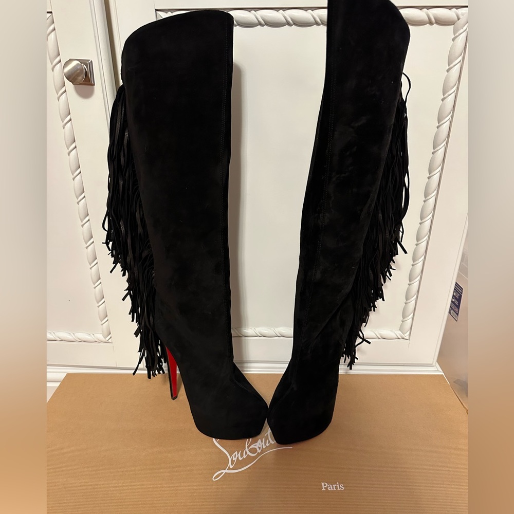 Christian Louboutin Black Suede Interlopa Fringe Detail Knee  Platform Boots 38